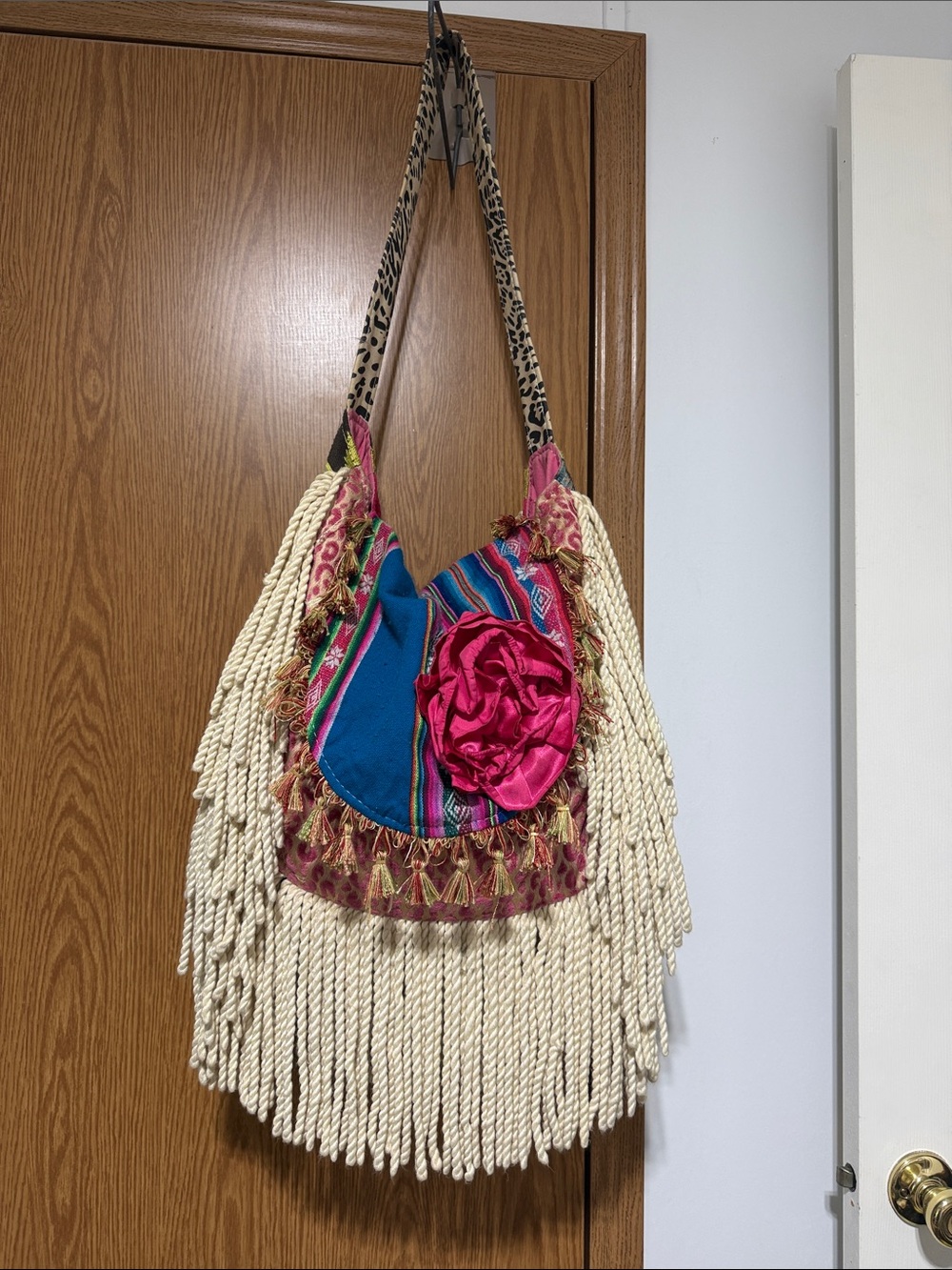 Boho Fringe Shoulder Bag with Pink Rose Accent